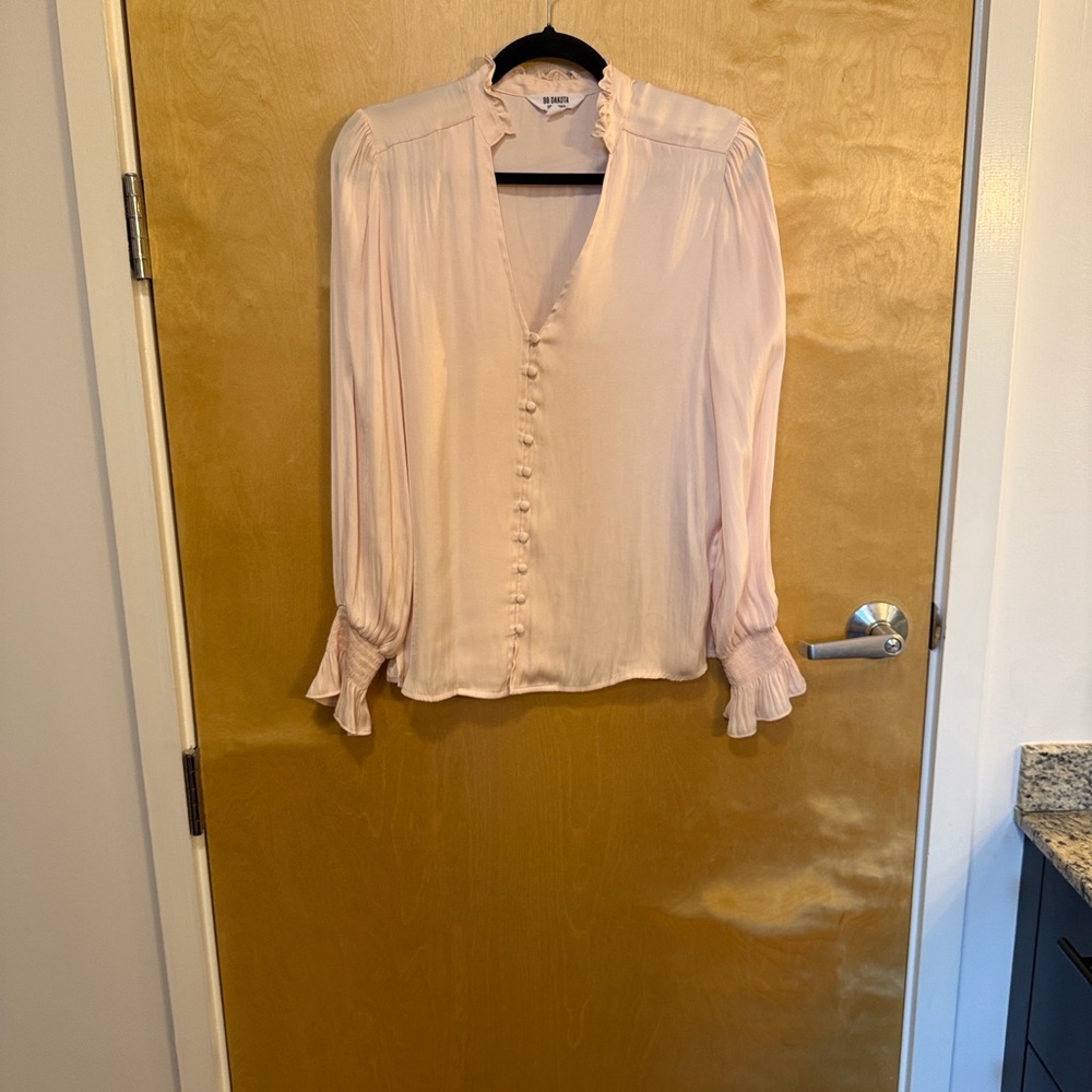 BB Dakota Pale Pink Ruffled Silk-Blend Button Front Blouse